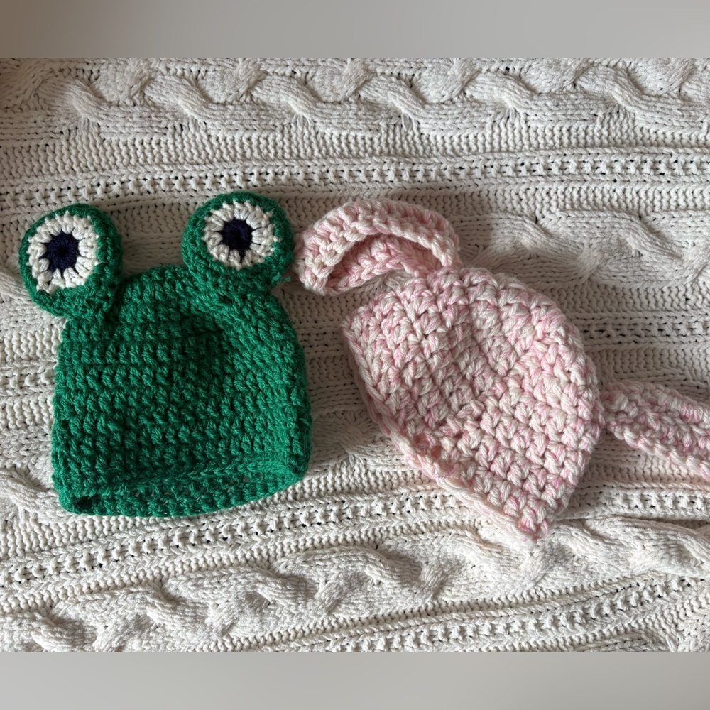 Vintage Handmade Kids Crochet Frog Beanie (Green) and Bunny Ear Hat (Pink)